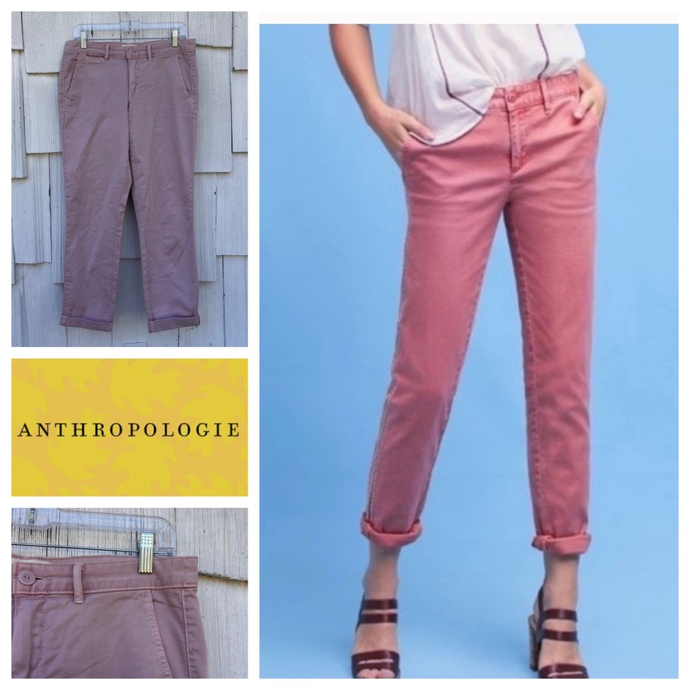 Anthropologie Relaxed‎ Chino Pants Mauve Pink Cotton Stretch Cuffed Size 28